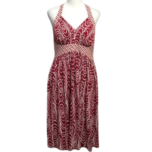 LONDON TIMES Halter Dress Red Abstract Print Retro Sweetheart Neck Women's 14 - Picture 2 of 13